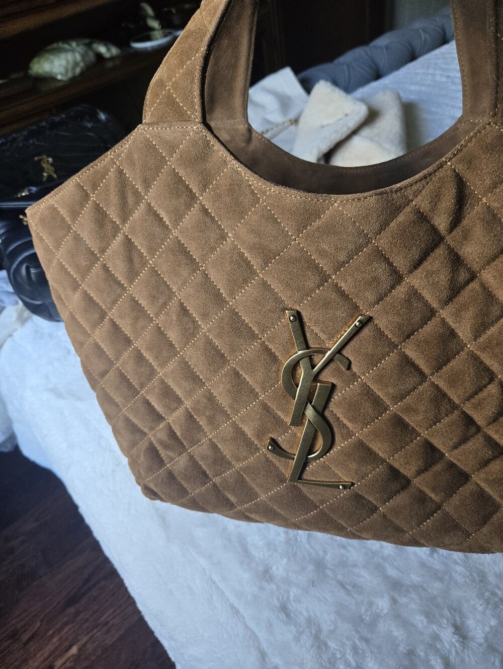 Saint Laurent Quilted Suede Tote Bag in Brown - Picture 10 of 13